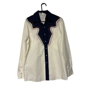 Vtg Rocking K Ranchwear By Kennington Men’s Western Snap Up Shirt White Blue